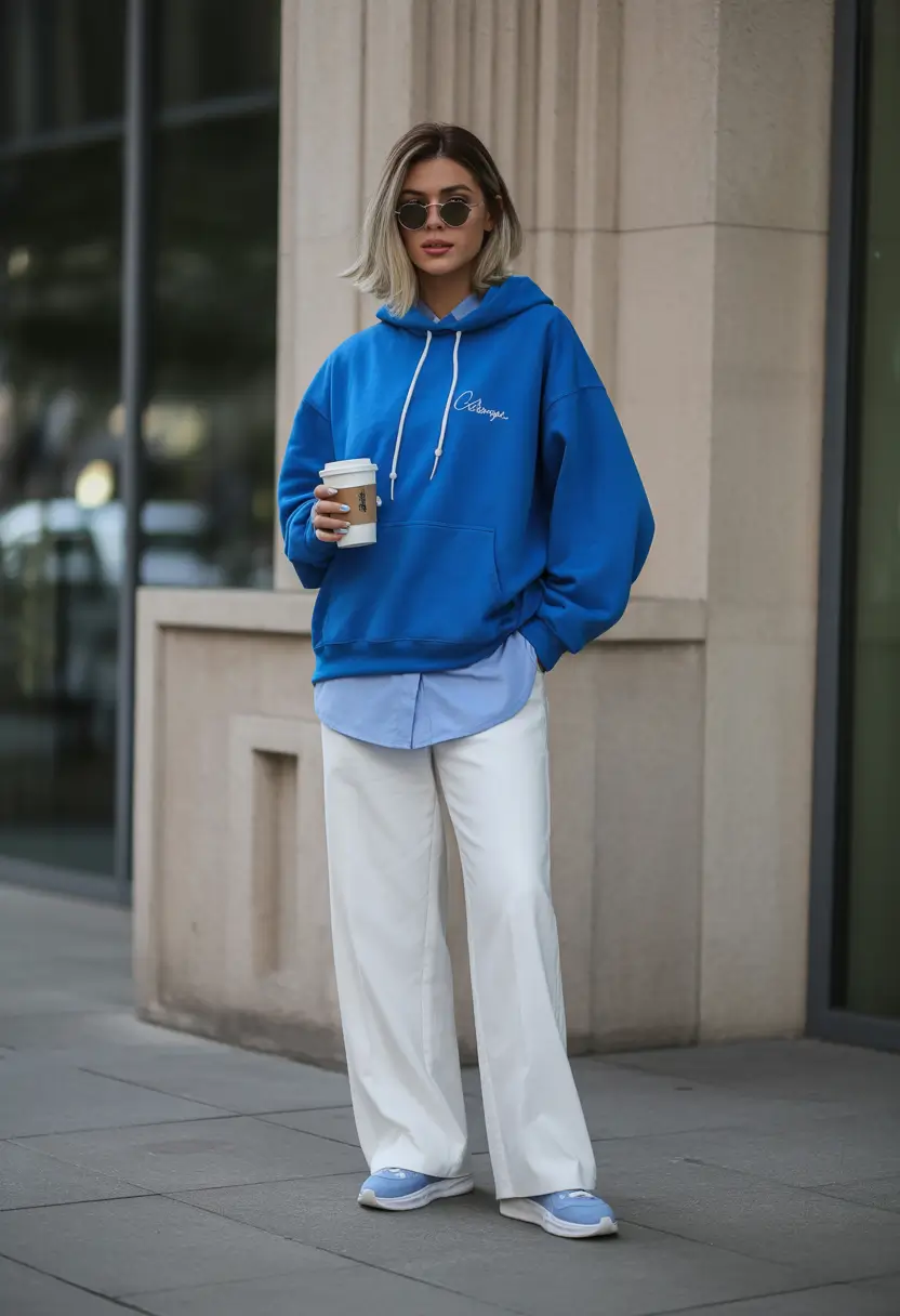 sneakers spring outfit 2026 Bright Blue Hoodie + White Pants for That Clean Spring Pop
