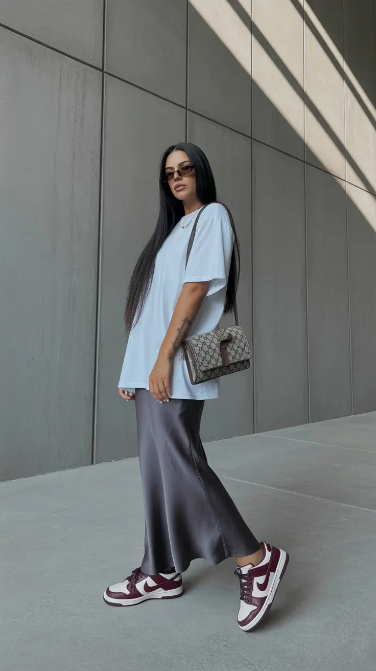 sneakers spring outfit 2026 Slip Skirt and Sneakers for a Soft Spring Contrast