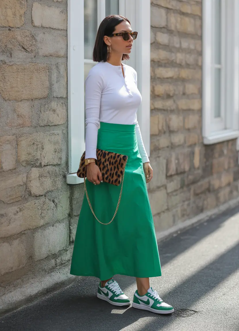 sneakers spring outfit 2026 Green Sneakers Look