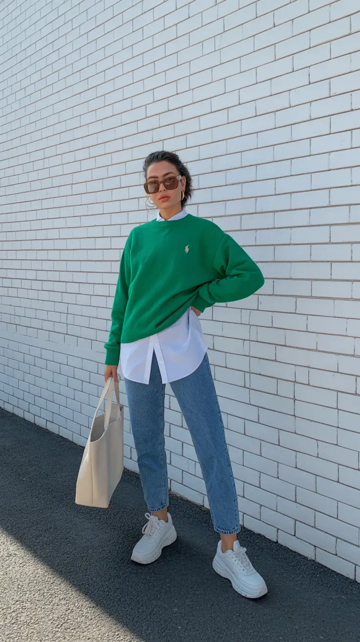 sneakers spring outfit 2026 Green Sweater With Jeans and Sneakers