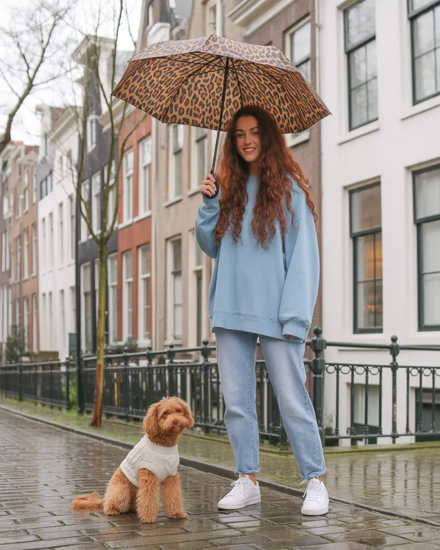 sneakers spring outfit 2026 Rainy Day Denim With Leopard Umbrella