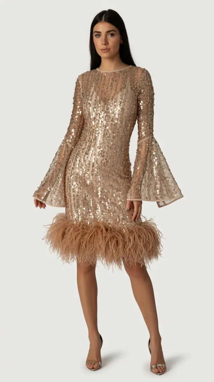 spring birthday outfit 2026 Champagne Sequin Dress with Feather Trim