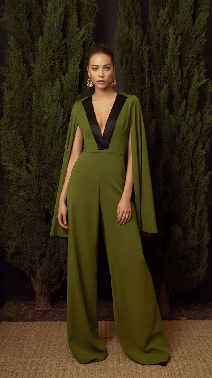 spring birthday outfit 2026 Olive Cape Jumpsuit for a Classy Evening