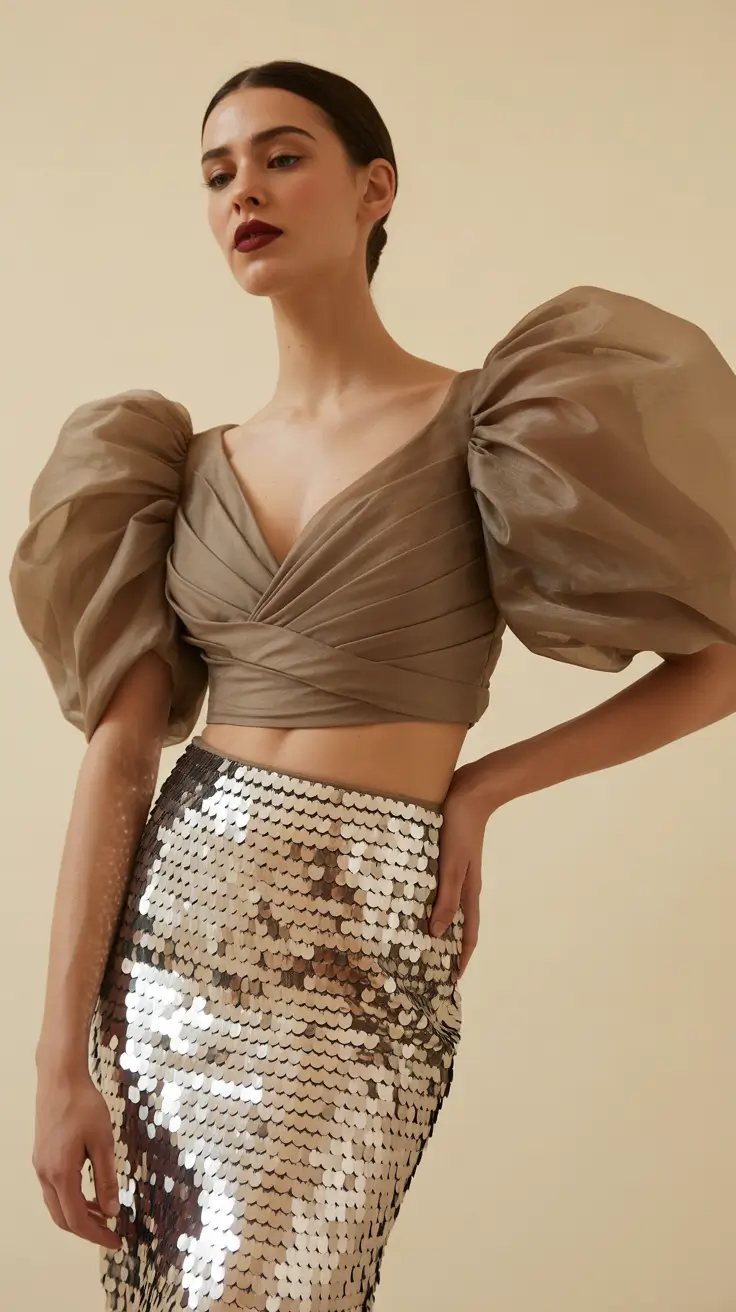 spring birthday outfit 2026 Puff Sleeve Top and Sequin Skirt for Modern Glam