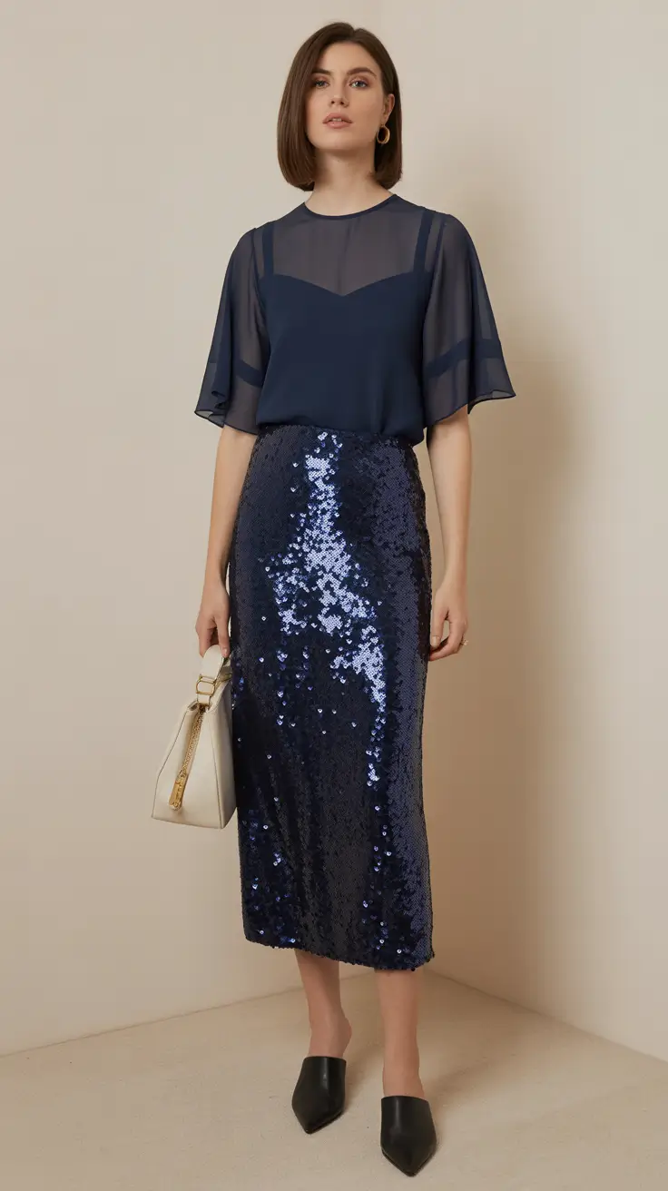 spring birthday outfit 2026 Navy Sheer Top and Sequin Midi Skirt