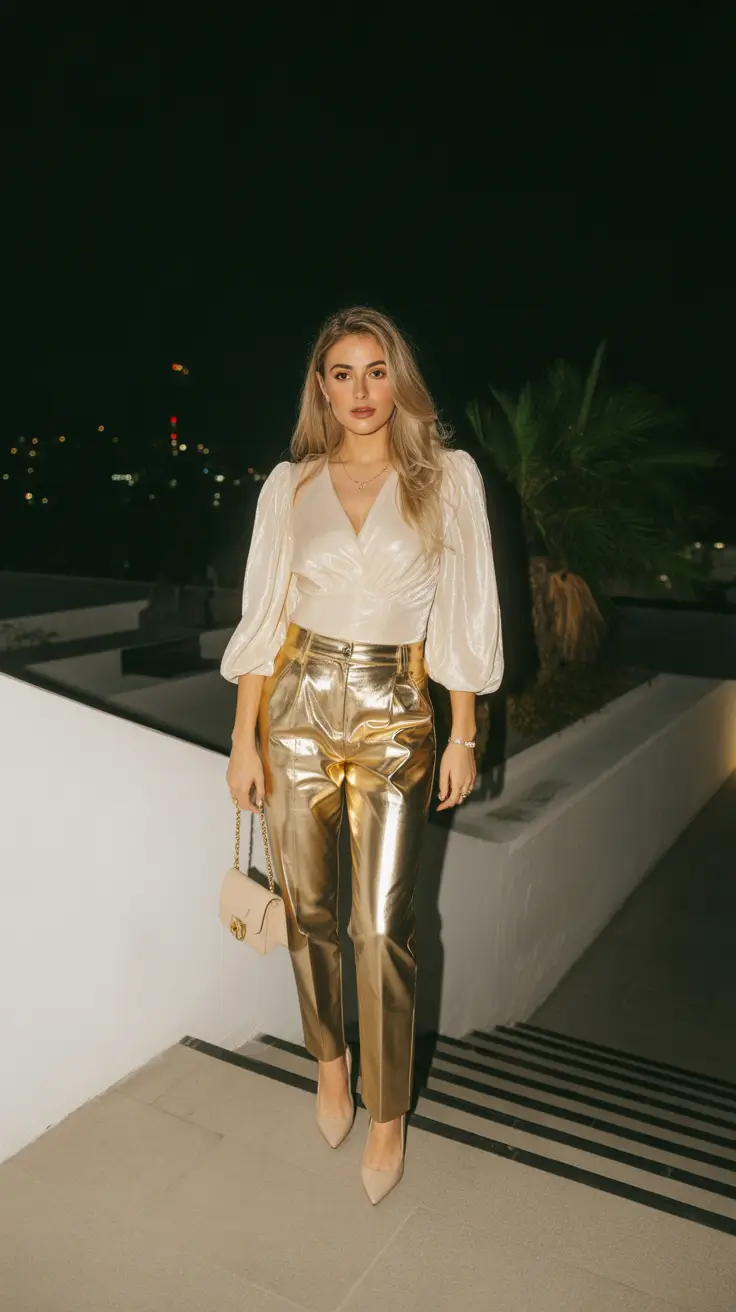 spring birthday outfit 2026 Champagne Glow with Gold Leather Pants