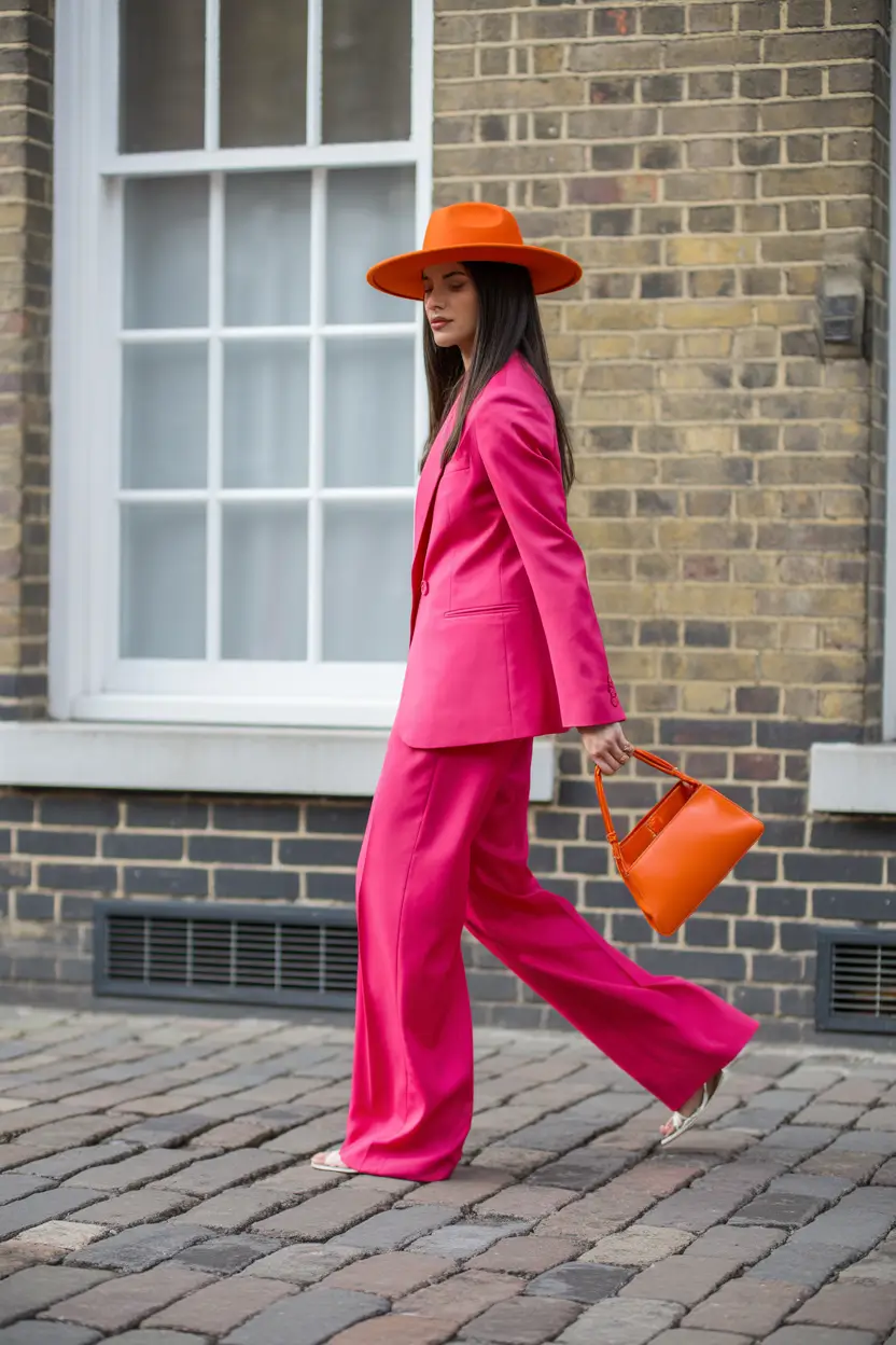 Spring blazer outfits 2026 Pink Suit and Orange Accessories