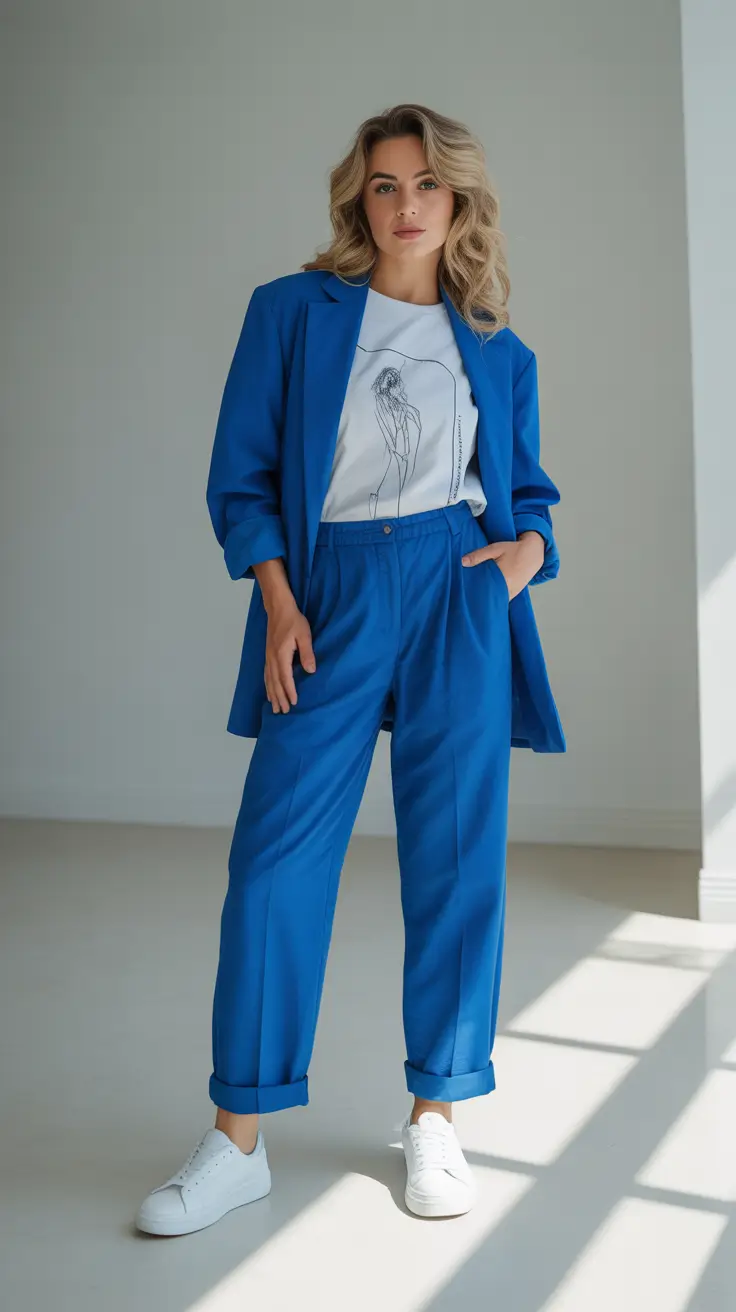 Spring blazer outfits 2026 Blue Suit and Sneakers for Easy Business Casual