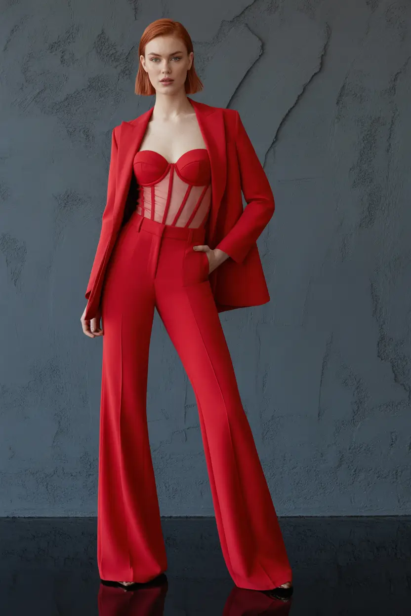 Spring blazer outfits 2026 Red Tailoring With a Dressy Corset Moment