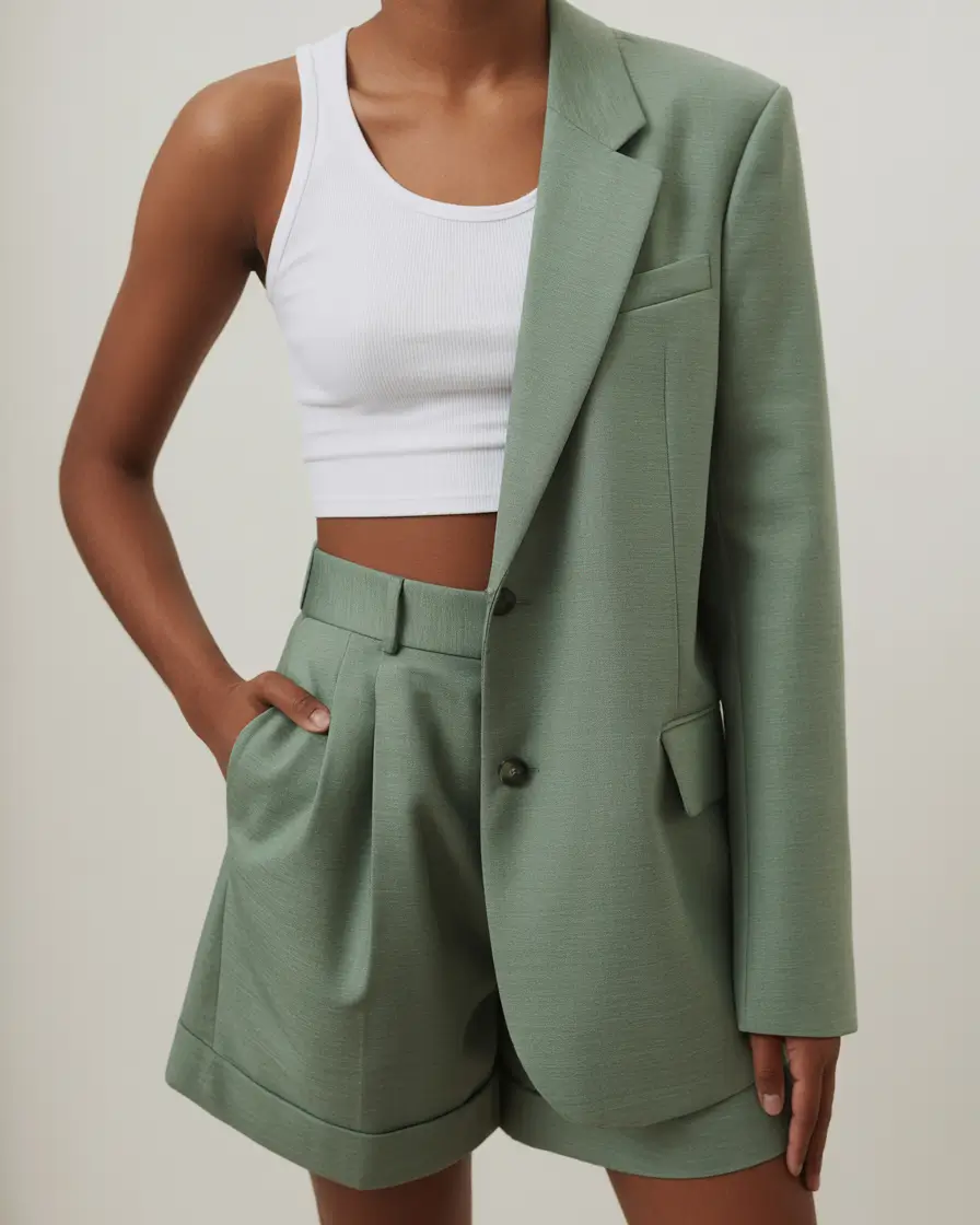 Spring blazer outfits 2026 Sage Blazer and Shorts With a Sporty Twist