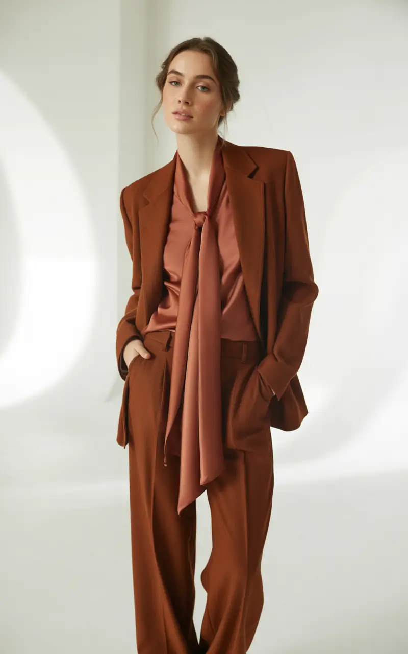Spring blazer outfits 2026 Chocolate Suiting With a Soft Feminine Finish