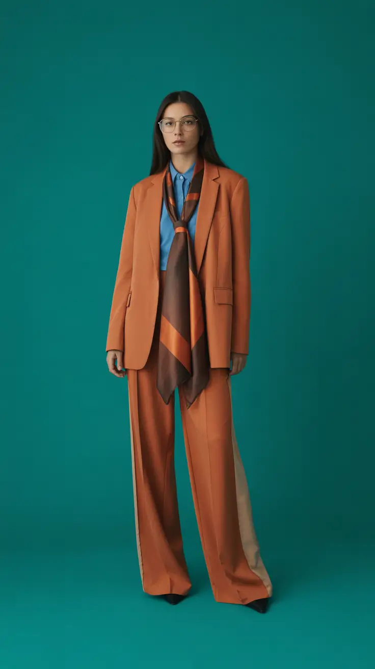 Spring blazer outfits 2026 Rust Blazer Styling With a Bold Scarf Moment