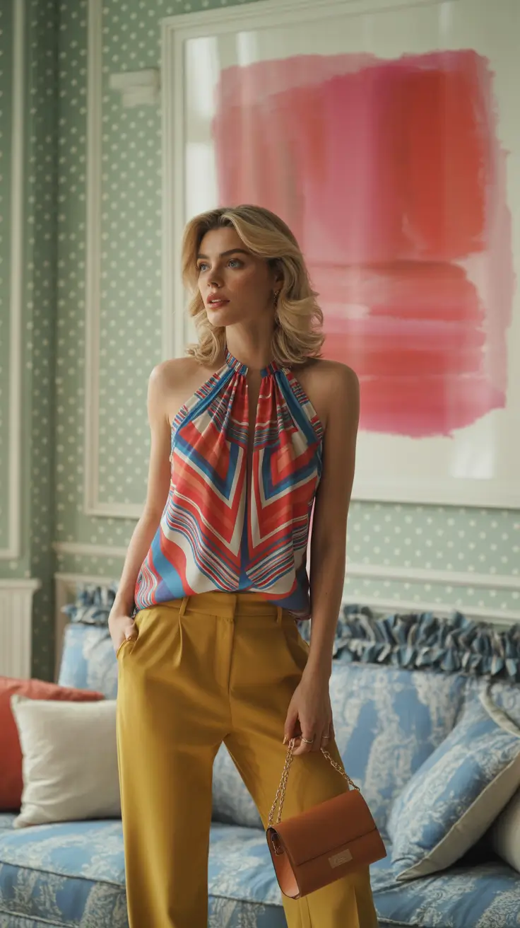 spring break outfit 2026 Retro Halter Top and Mustard Pants