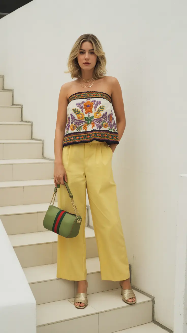 spring break outfit 2026 Embroidered Tube Top and Lemon Trousers