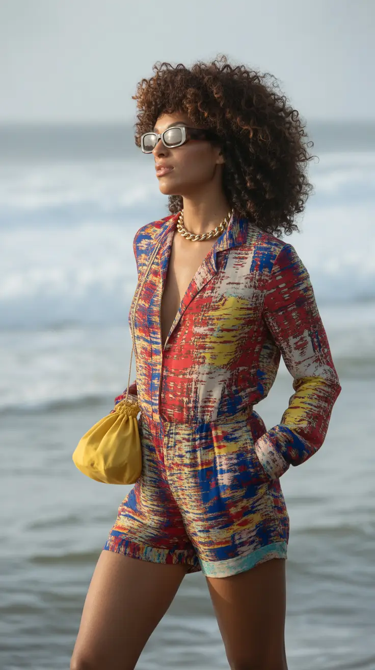 spring break outfit 2026 Colorful Beach Romper With Sunglasses Energy