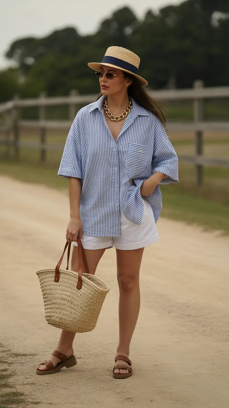 spring break outfit 2026 Striped Shirt and White Shorts Done Right