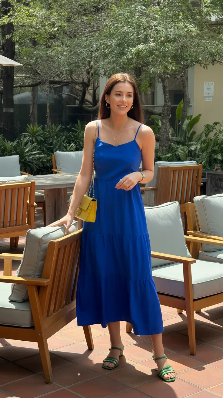 spring break outfit 2026 Cobalt Slip Dress With a Pop Bag