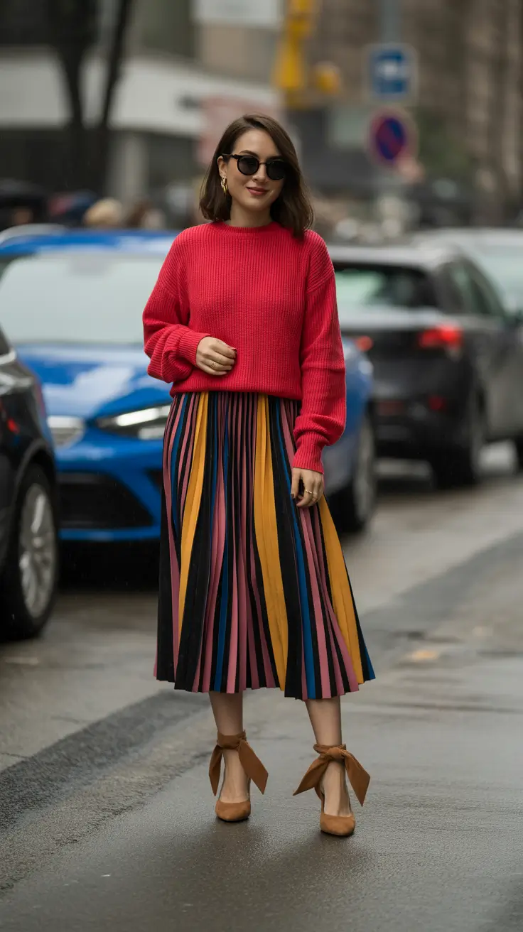 spring mom outfits 2026 Pleated Skirt Look