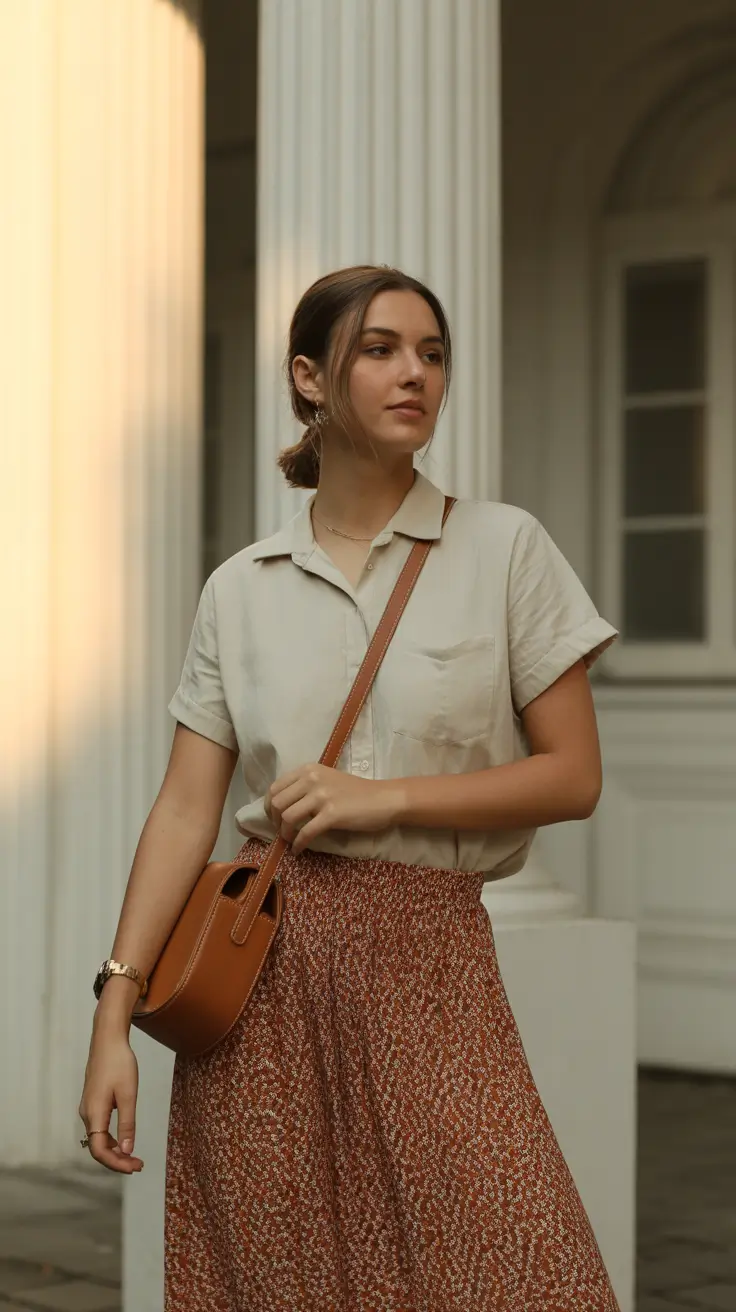 spring mom outfits 2026 Neutral Shirt and Skirt