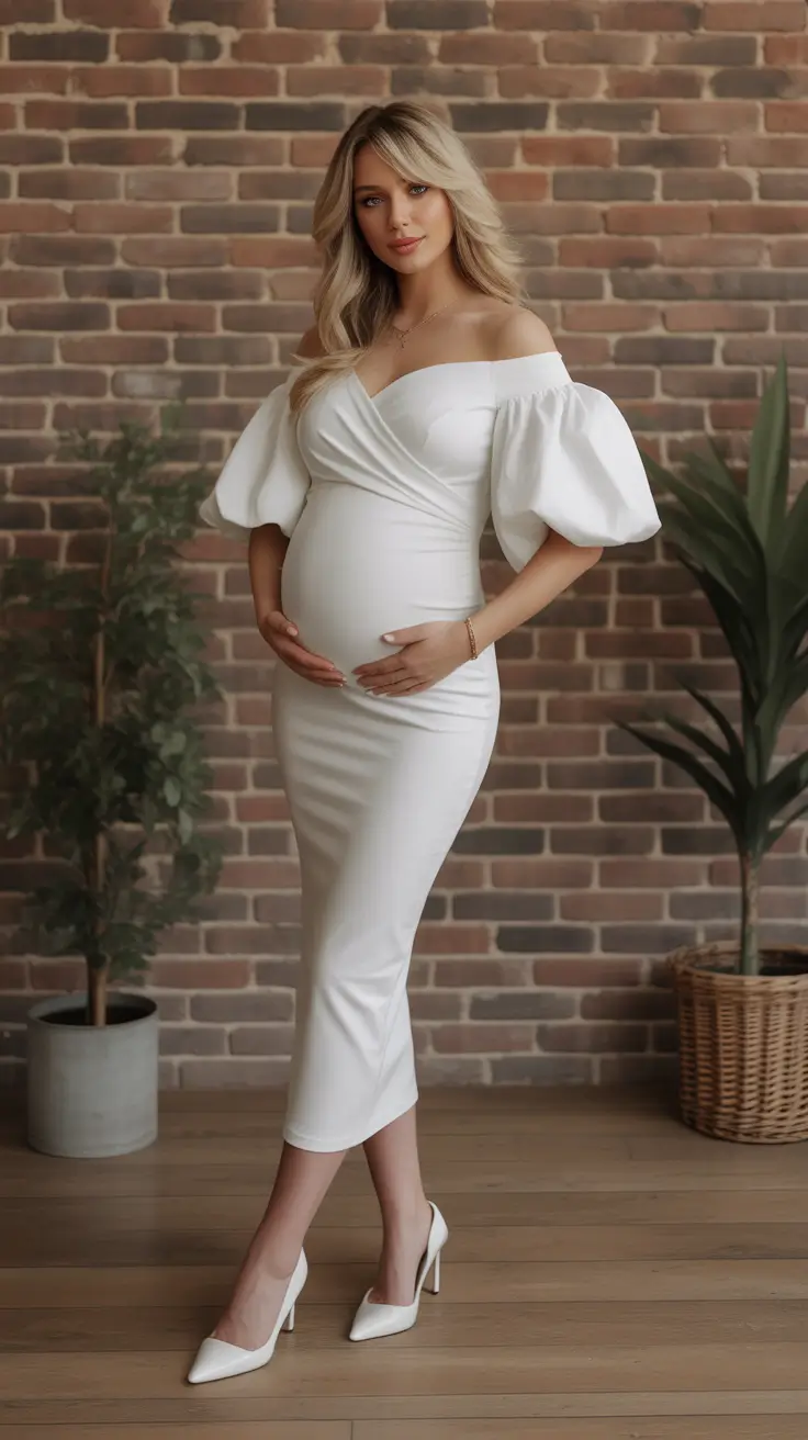 spring outfit for pregnant women 2026 White Puff Sleeve Dress That Feels Like Spring