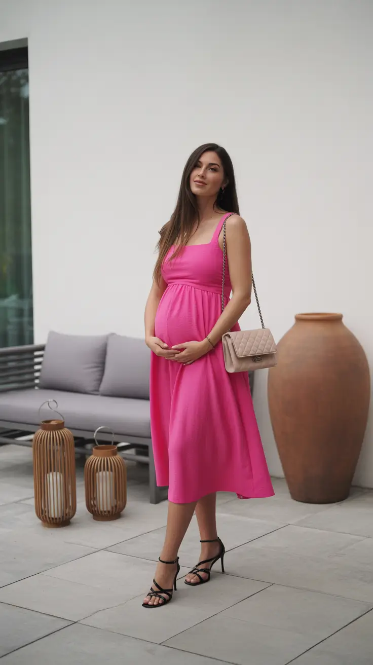 spring outfit for pregnant women 2026 Hot Pink Midi Dress With Minimal Glam