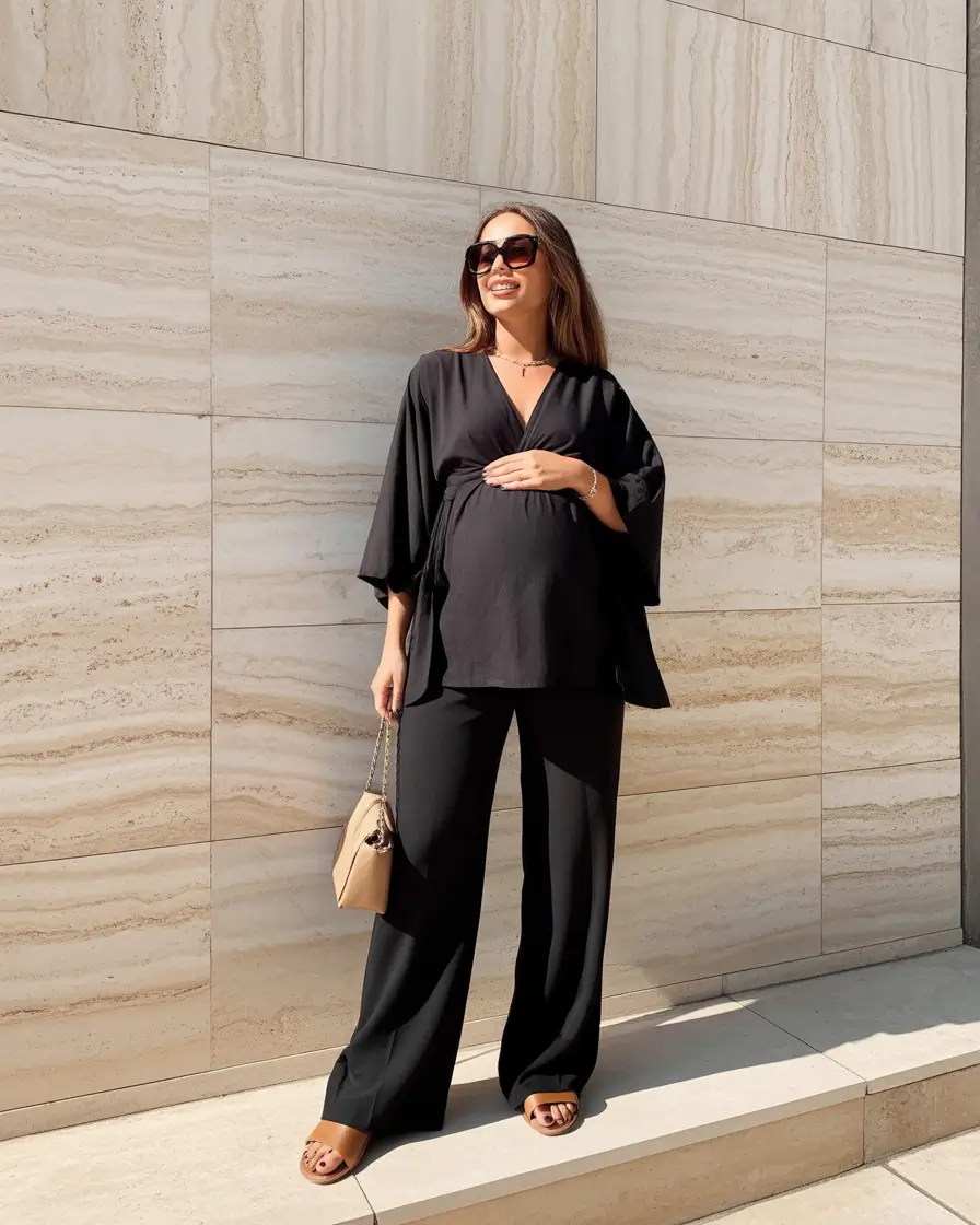 spring outfit for pregnant women 2026 All Black Wide-Leg Set for City Days