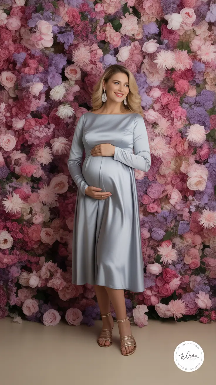 spring outfit for pregnant women 2026 Silver Satin Glow For Spring Celebrations