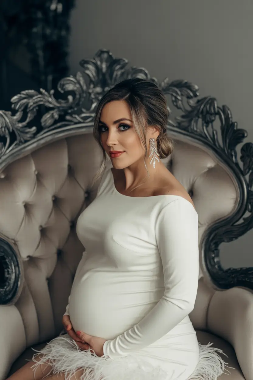 spring outfit for pregnant women 2026 Ivory Feather-Hem Moment