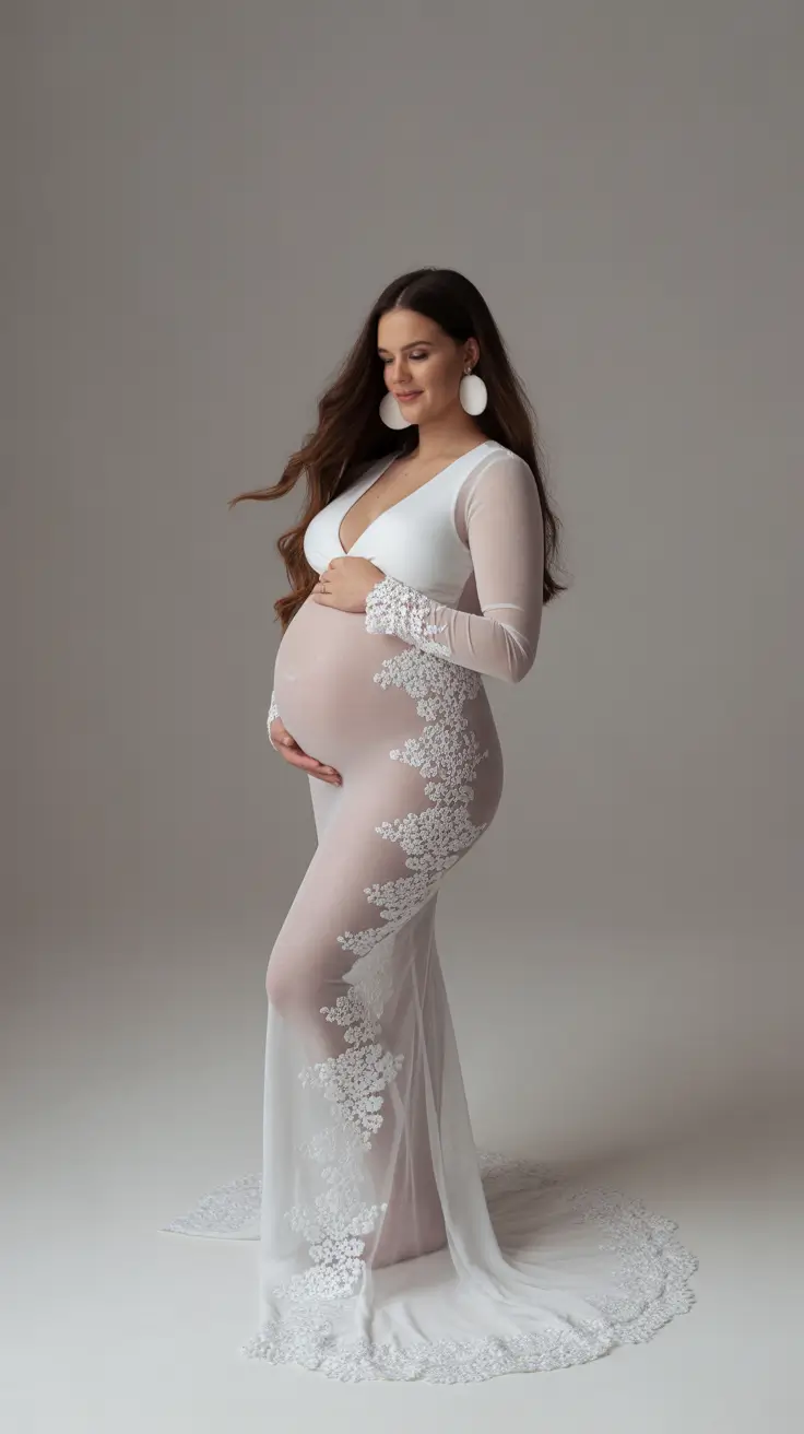 spring outfit for pregnant women 2026 Sheer Lace Gown With Bridal Softness