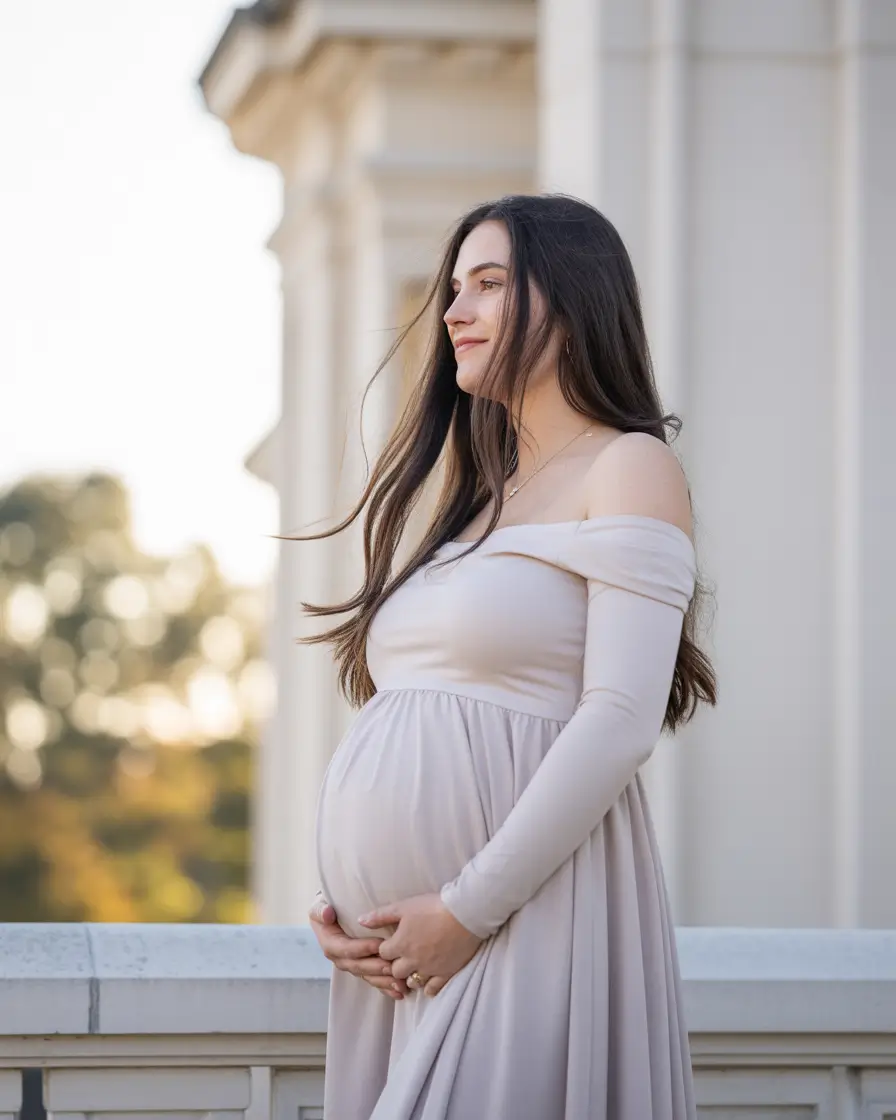 spring outfit for pregnant women 2026 Off Shoulder Neutral Dress For Soft Days