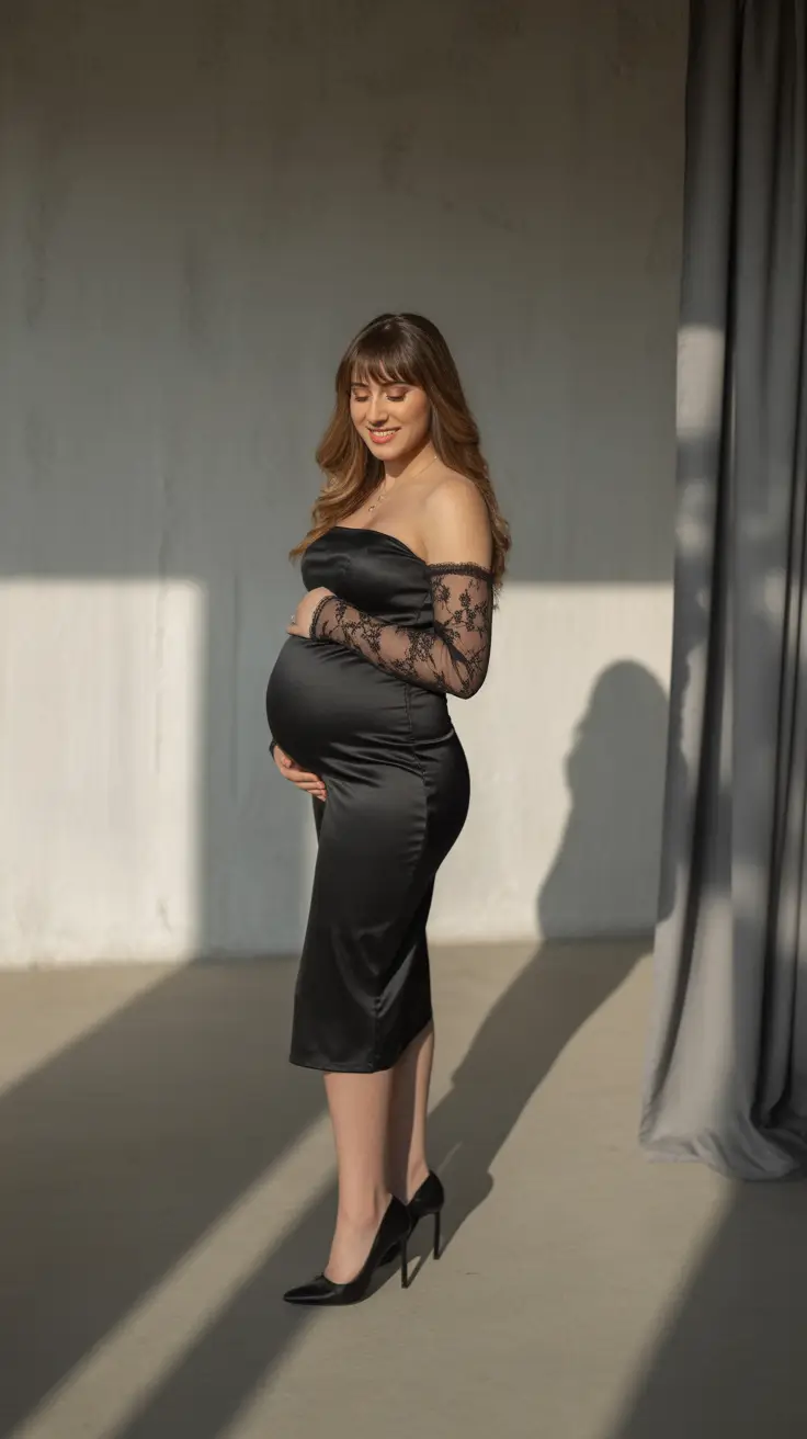 spring outfit for pregnant women 2026 Black Satin Dress With Lace Sleeves
