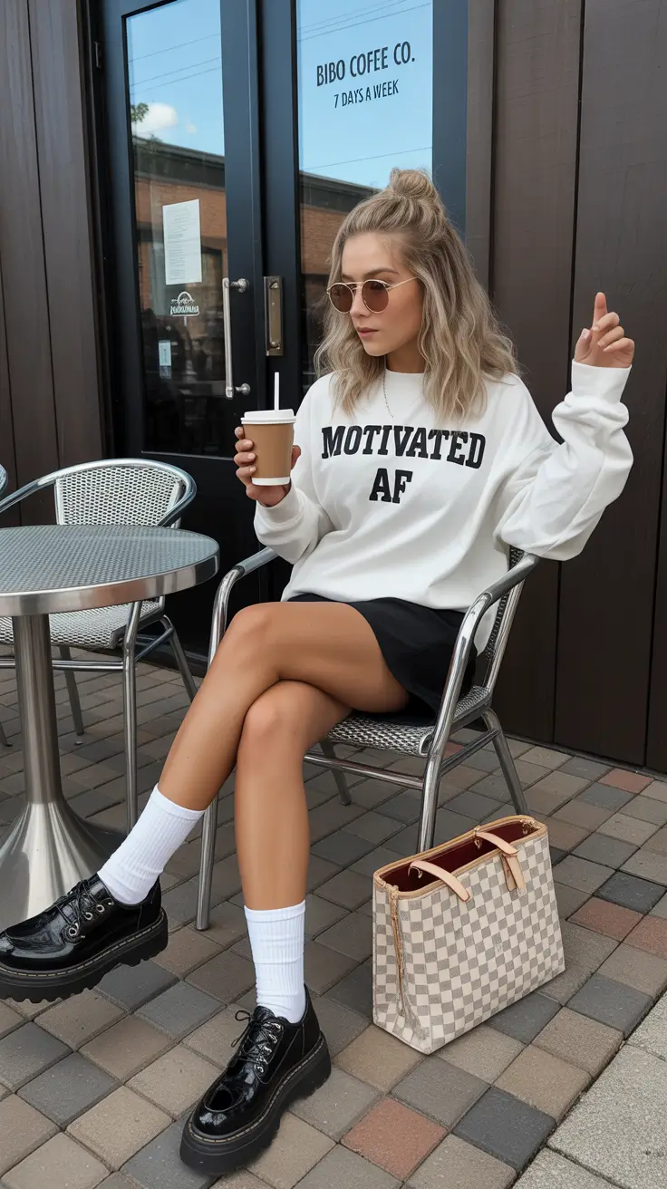 spring outfits 2026 Sporty Sweatshirt + Mini Skirt Energy