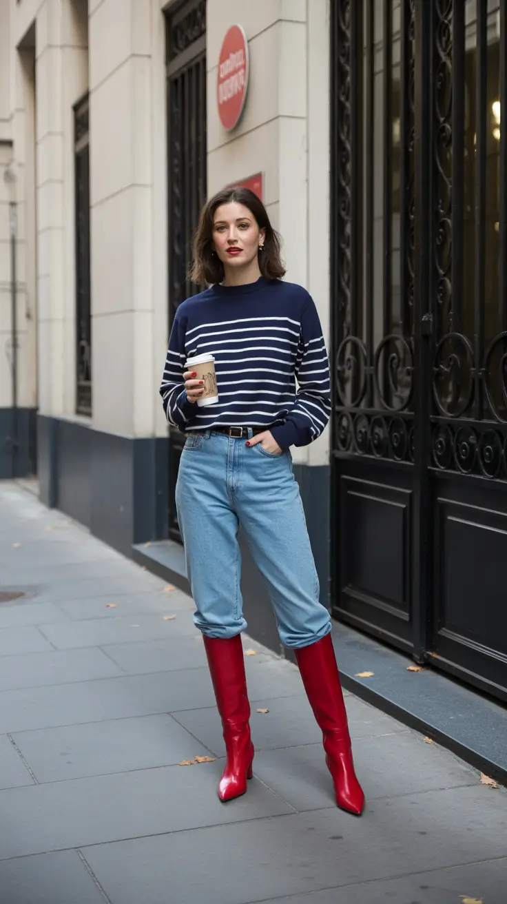 spring outfits 2026 French Stripe Sweater and Red Boots Pop