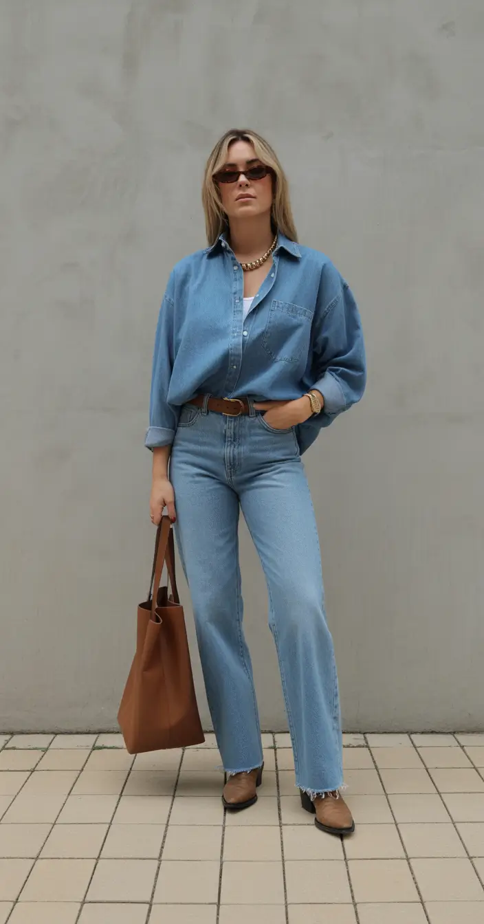 spring outfits 2026 Denim Shirt and Gold Jewelry Minimal Chic