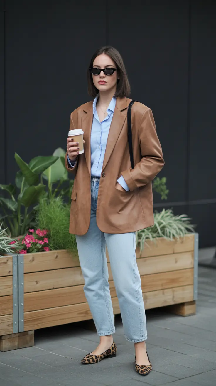 spring outfits 2026 Leather Blazer and Leopard Flats City Cool