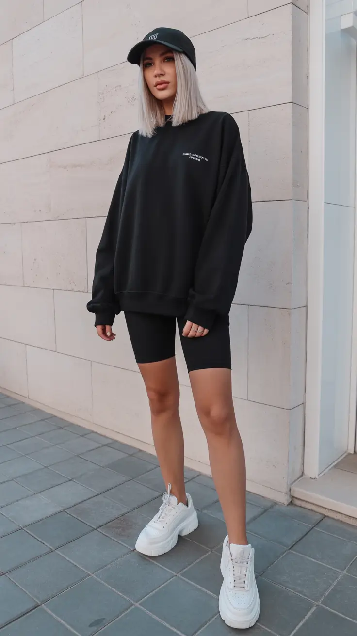spring outfits 2026 Oversized Black Set With Biker Shorts Minimalism