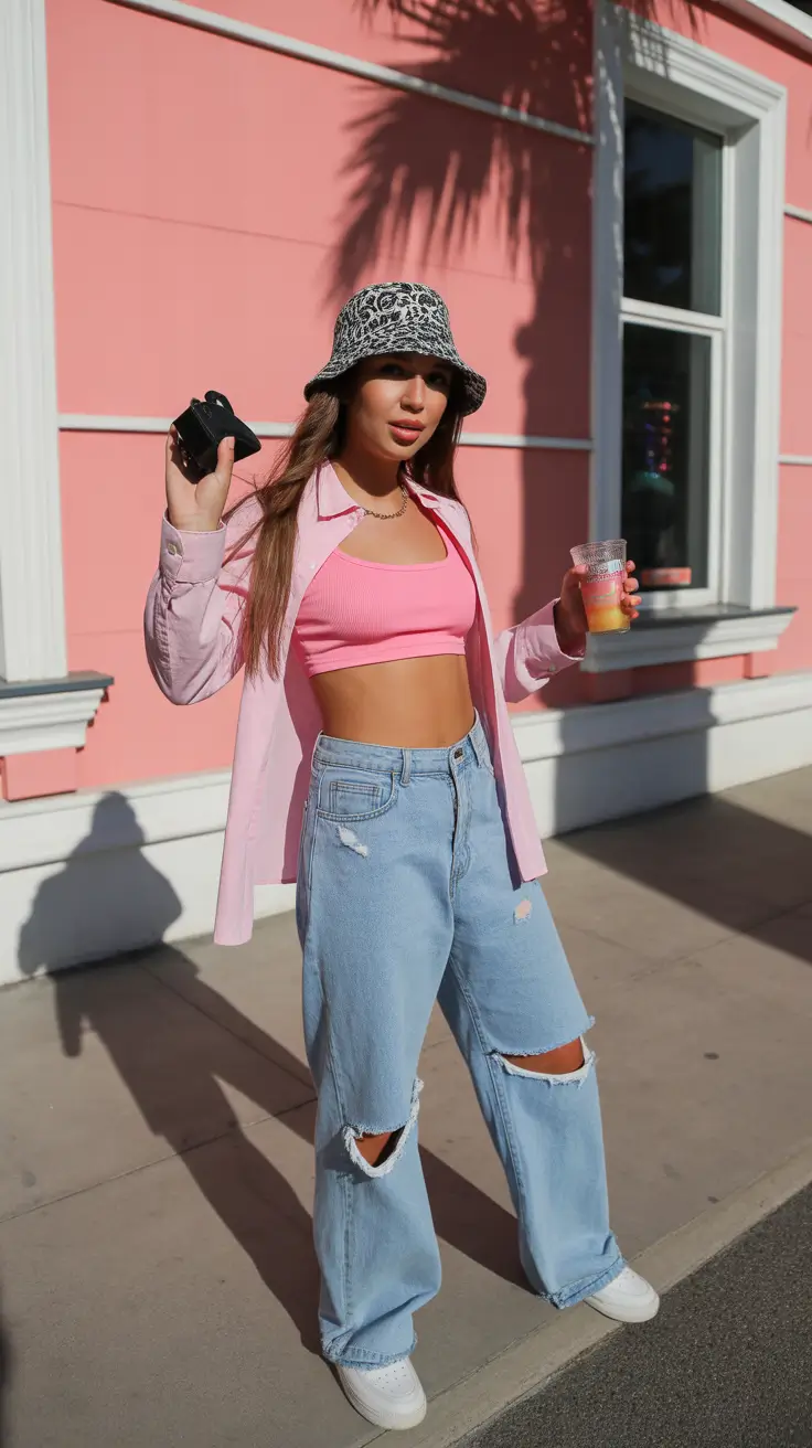 spring outfits 2026 Pink Layers and Ripped Denim Confidence
