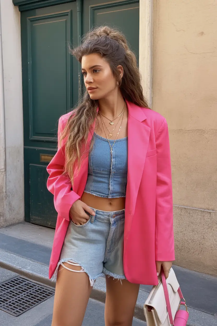 spring outfits 2026 Hot Pink Blazer with Denim Shorts Cool