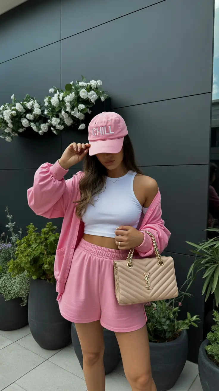 spring outfits 2026 Soft Pink Sport Set with a Chic Bag