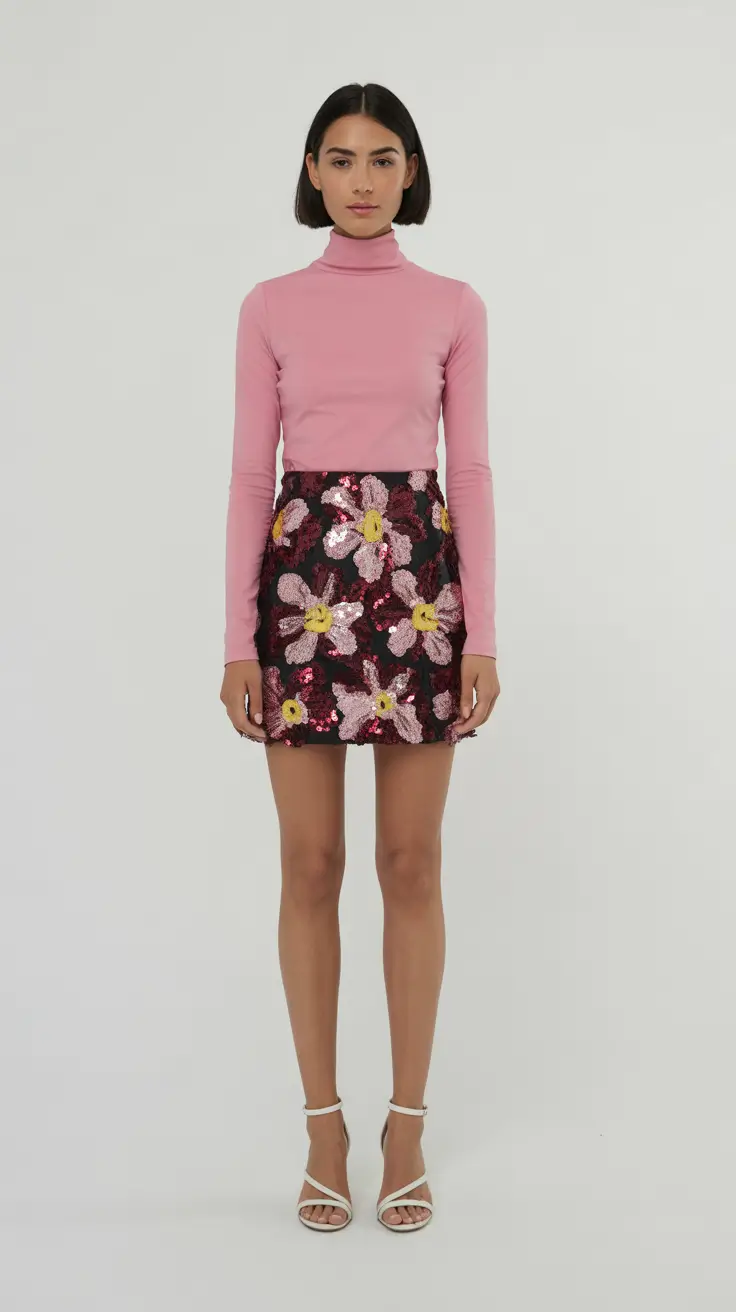 spring outfits 2026 trends Pink Turtleneck With a Floral Sequin Mini