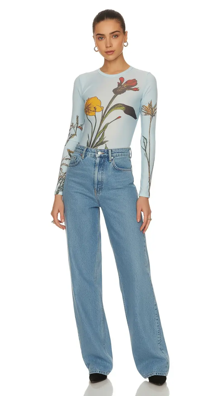 spring outfits 2026 trends Floral Printed Bodysuit With Wide Leg Denim