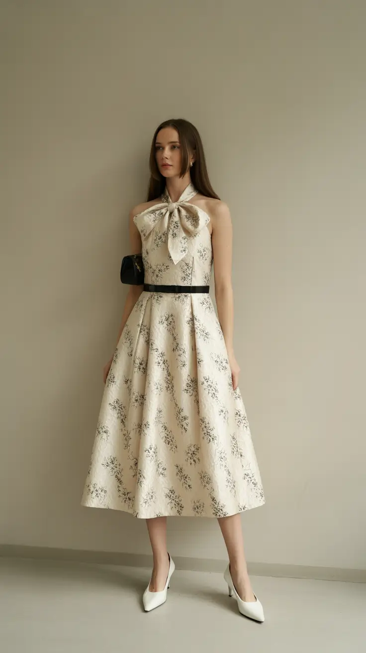 spring outfits 2026 trends Bow Neck Midi Dress for Soft Elegance