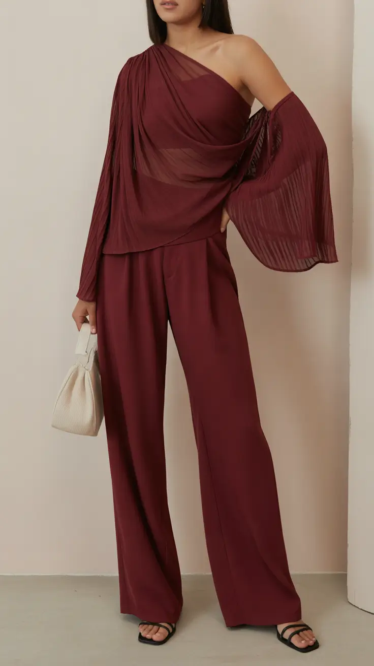 spring outfits 2026 trends Wine One Shoulder Set for Elevated Evenings