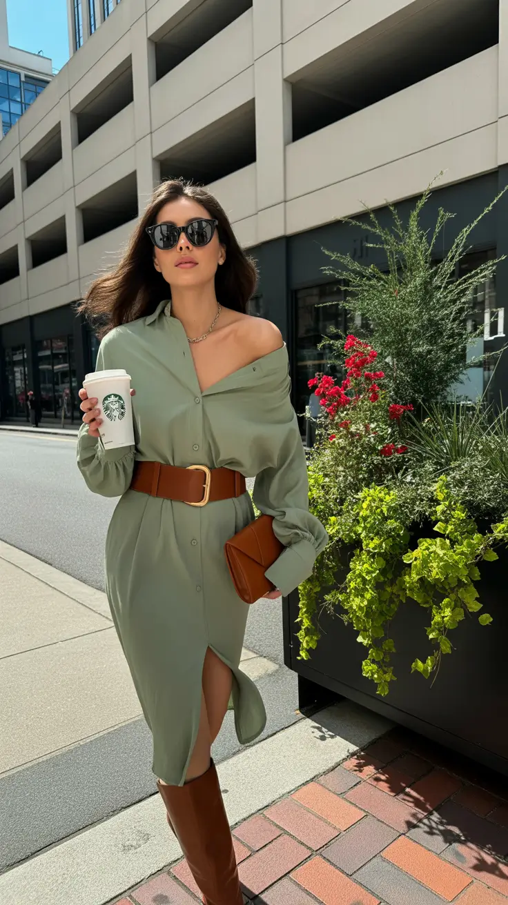 spring outfits 2026 trends Sage Shirt Dress With Tall Boots