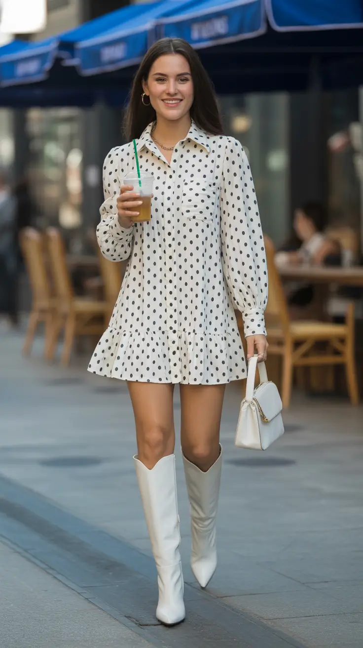 spring outfits 2026 trends Polka Dot Mini With Western Boots