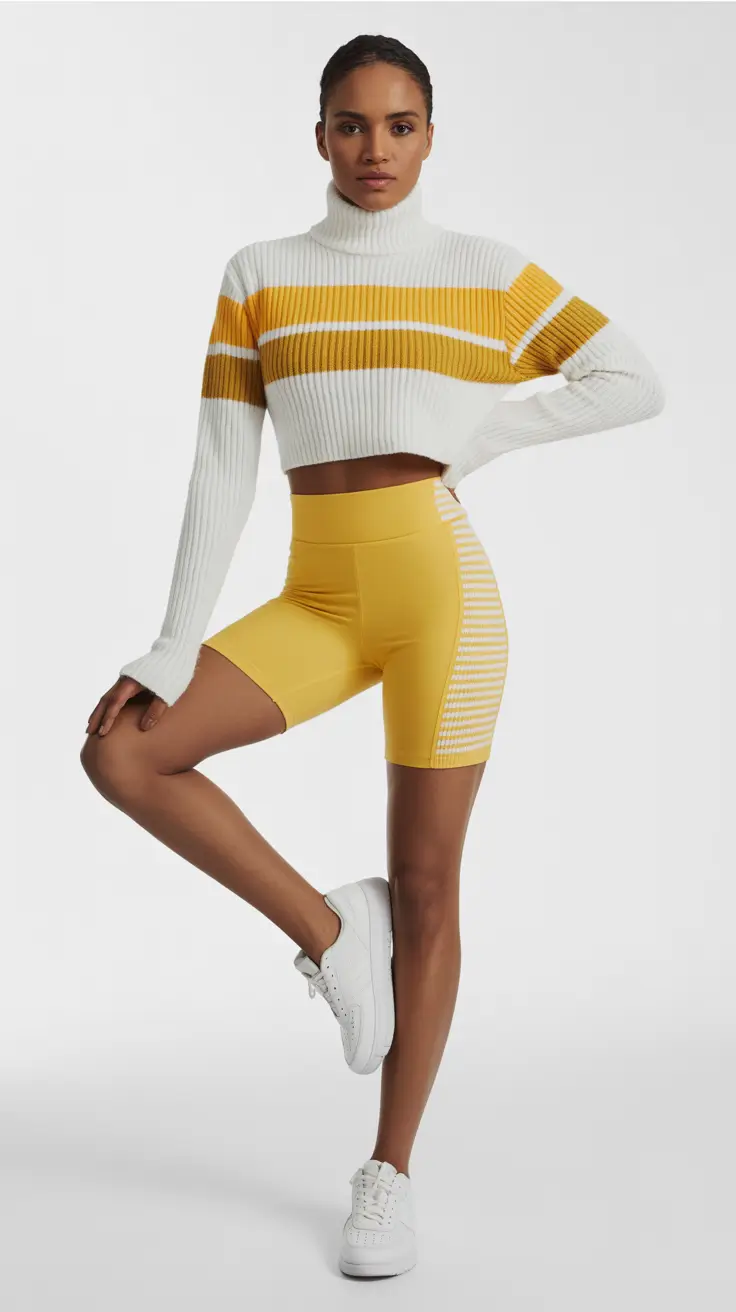 Spring workout outfits 2026 Sunny Knit and Biker Shorts for Cold Spring Days