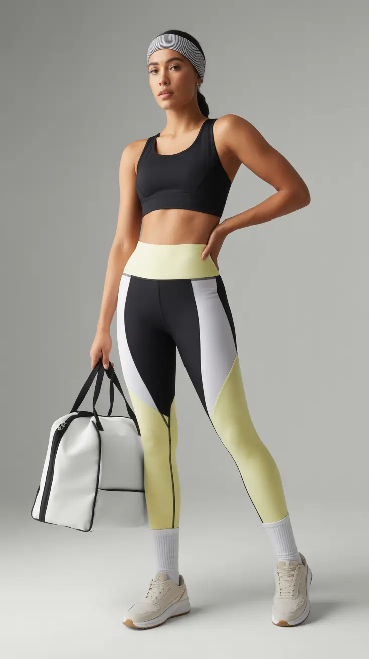 Spring workout outfits 2026 Sporty Colorblock Leggings With a Classic Black Bra