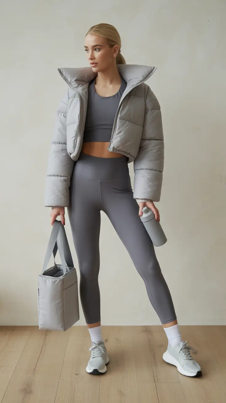 Spring workout outfits 2026 Grey Puffer Layers for Cold Spring Walks