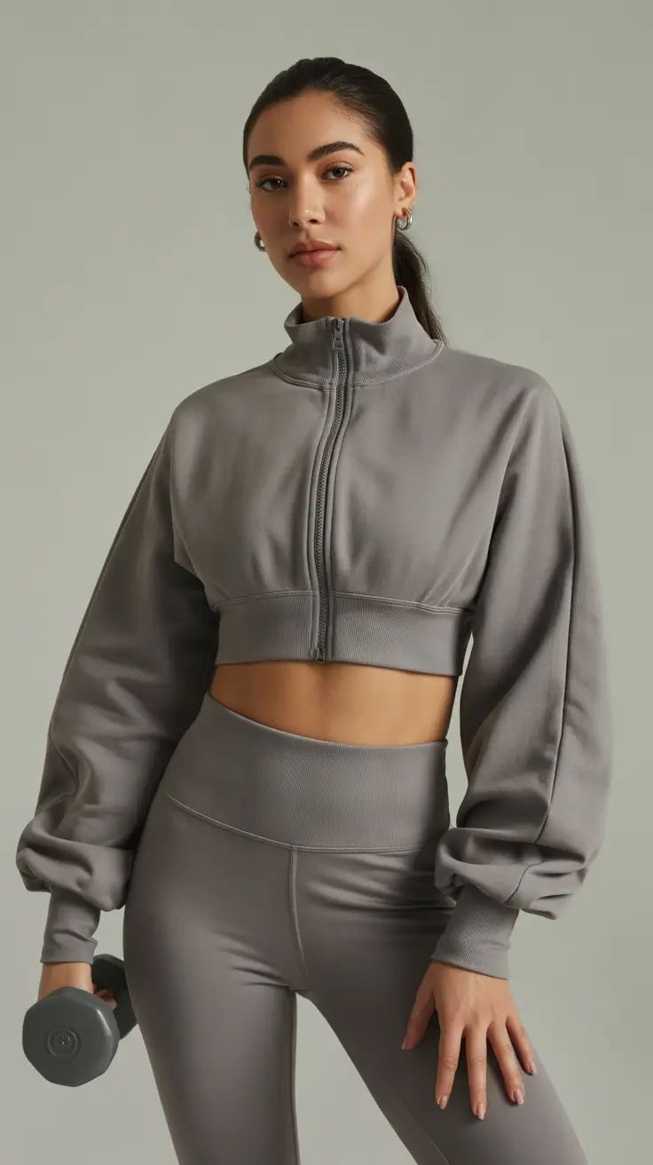 Spring workout outfits 2026 Soft Grey Zip Jacket With a Sculpted Set