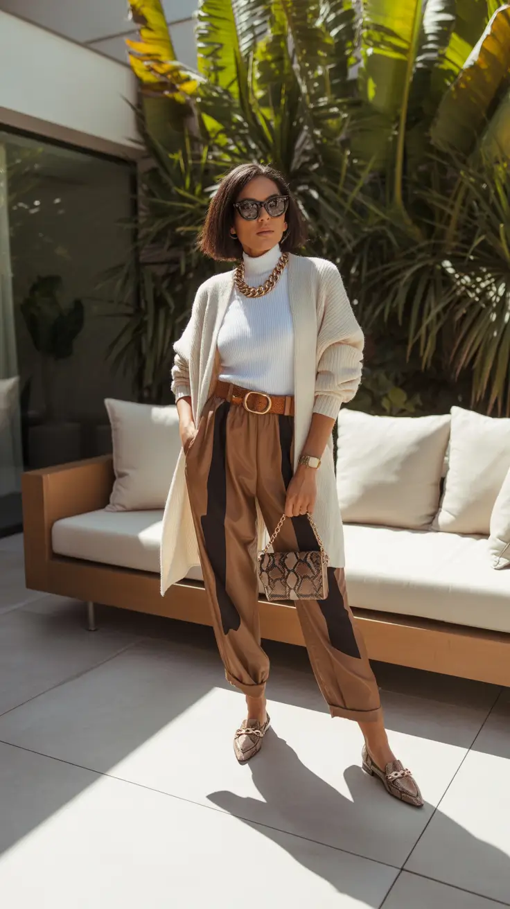 winter to spring outfits 2026 Neutral Resort Layers With Jogger Trousers